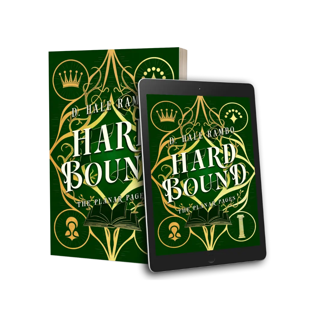 Image of a paperback book standing next to an eBook reader. Both show the cover for book two of The Planar Pages: Hard Bound. A green cover. Image of an open book with loose pages floating amongst curved branches. At each corner are golden icons: from the top left: a crown; a symbol unique to the series - a diamond with seven circles arched above; a symbol unique to the series - a circle pouring into a diamond with a leaf on either side and a fallen crescent moon above the circle; a stone column.