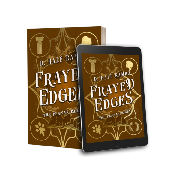 Image of a paperback book standing next to an eBook reader. Both show the cover for book four of The Planar Pages: Frayed Edges. A tan cover. Image of an open book with loose pages floating amongst golden waves and sand dunes. At each corner are golden icons: from the top left: a golden column; a woman’s head; a symbol unique to the series - a paw print with four toe-beans; a golden laurel wreath.