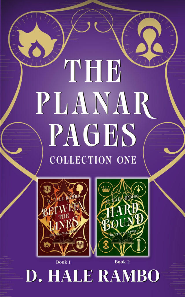 Purple cover for The Planar Pages Collection One bundle by D. Hale Rambo. Images of two book covers, left to right: Between the Lines (brown cover) book one; Hard Bound (green cover) book two. The top two corners of the bundle covers have circles with a symbol in each: the left has flames and the right has an abstract shape that looks like a golden head with a halo and leaf-like wings.