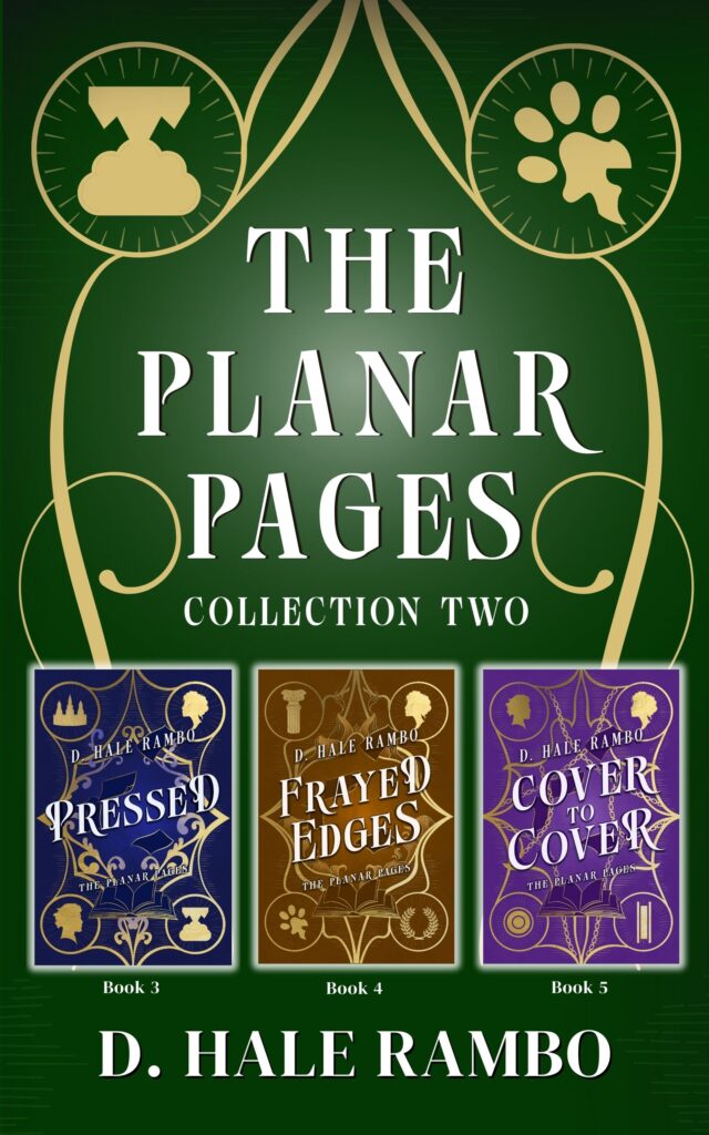 Green cover for The Planar Pages Collection Two bundle by D. Hale Rambo. Images of three book covers, left to right: Pressed (blue cover) book three; Frayed Edges (tan cover) book four; Cover to Cover (purple cover) book five. The top two corners of the bundle covers have golden circles with a golden symbol in each: the left has a mountain above clouds, the right has a paw.